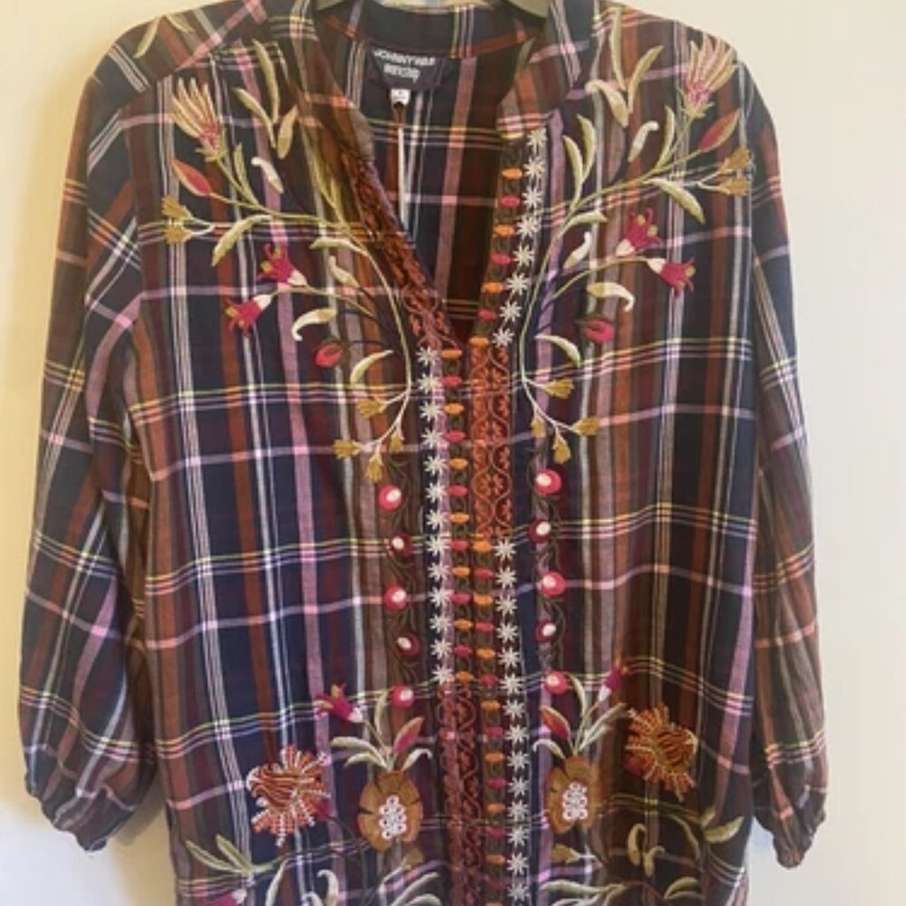 Johnny Was Rosalva 100% cotton plaid top with embroidery-size Small